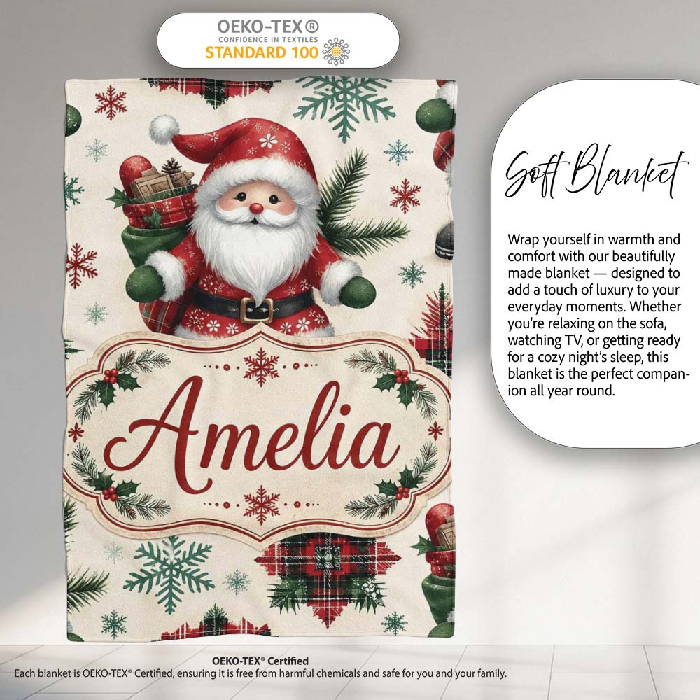 Cute Santa Character Gifts Snowflakes Seamless Pattern Lovely  Personalised Custom Name Super Soft Fleece Blanket Bed Sofa Throw