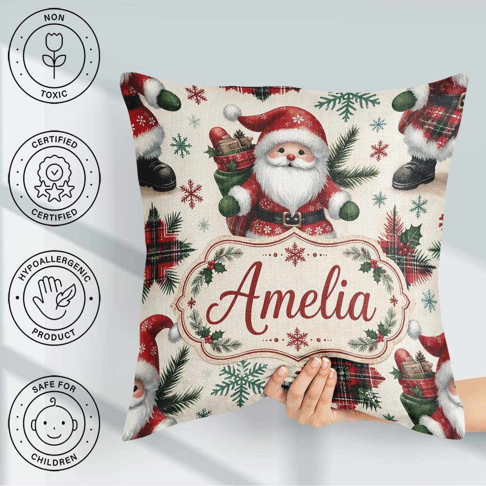 Custom Name Santa Character Gifts Snowflakes Seamless Pattern Square Filled Cushion Throw Pillow Sofa Bed Home Decor Zip Washable UK Made