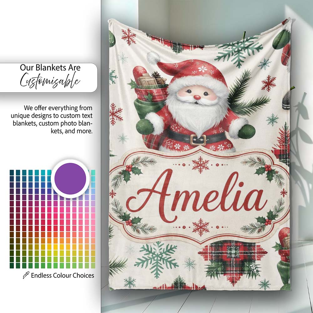Cute Santa Character Gifts Snowflakes Seamless Pattern Lovely  Personalised Custom Name Super Soft Fleece Blanket Bed Sofa Throw