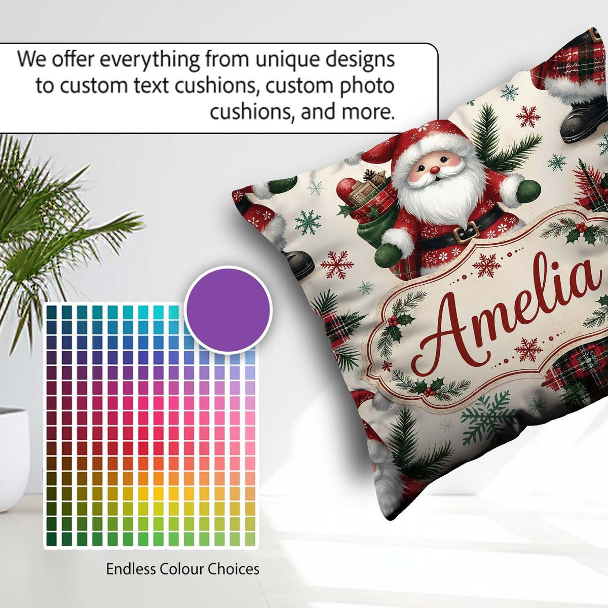 Custom Name Santa Character Gifts Snowflakes Seamless Pattern Square Filled Cushion Throw Pillow Sofa Bed Home Decor Zip Washable UK Made