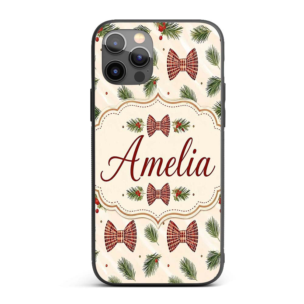Christmas Pine Branch Bows Rustic Printed Design Custom Name Protective Phone Case Mobile Cover Durable Everyday Smartphone Shock Resistant