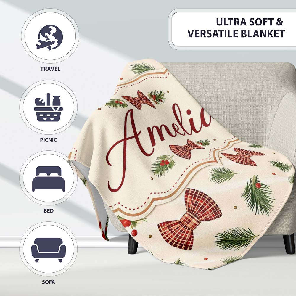 Christmas Pine Branch Bows Rustic Holiday Seamless Pattern Lovely  Personalised Custom Name Super Soft Fleece Blanket Bed Sofa Throw