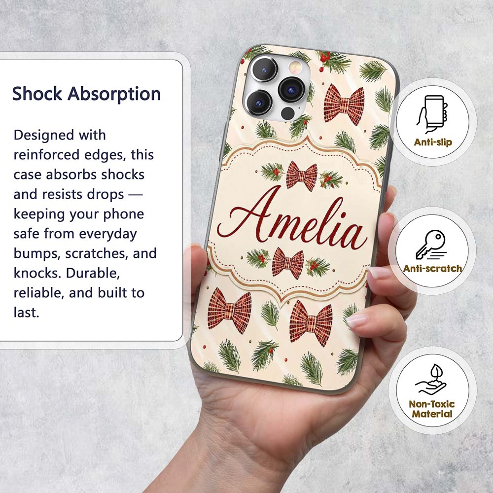 Christmas Pine Branch Bows Rustic Printed Design Custom Name Protective Phone Case Mobile Cover Durable Everyday Smartphone Shock Resistant