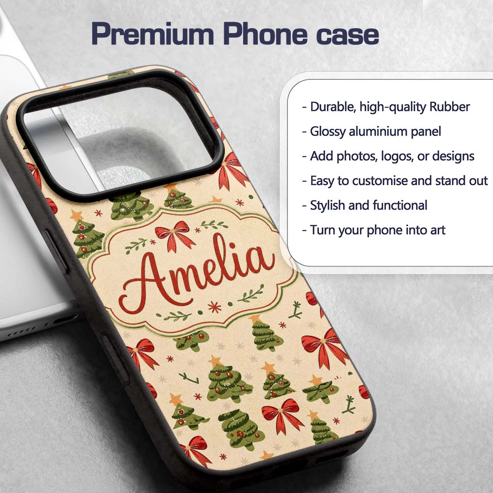 Cute Christmas Trees Red Bows Festive Seamless Custom Name Protective Phone Case Mobile Cover Durable Everyday Smartphone Shock Resistant