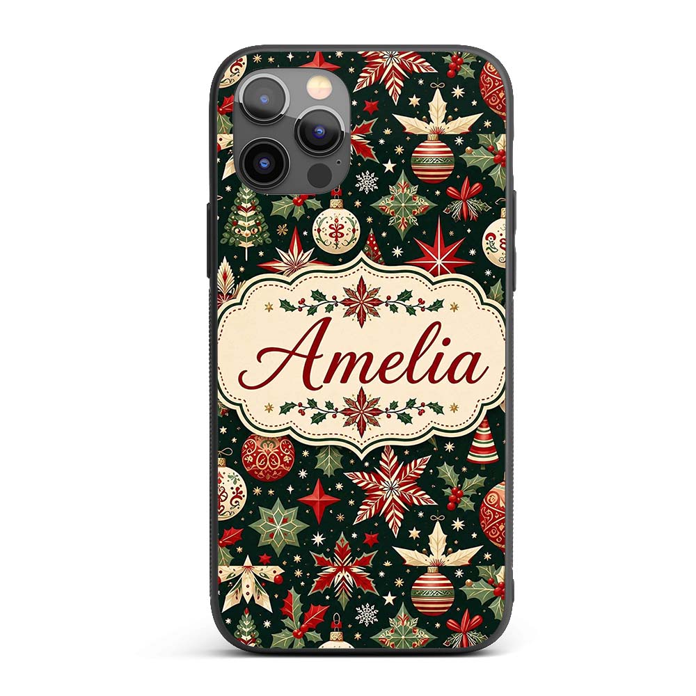 Festive Christmas Stars Holly Leaves Baubles Custom Name Protective Phone Case Mobile Cover Durable Everyday Smartphone Shock Resistant