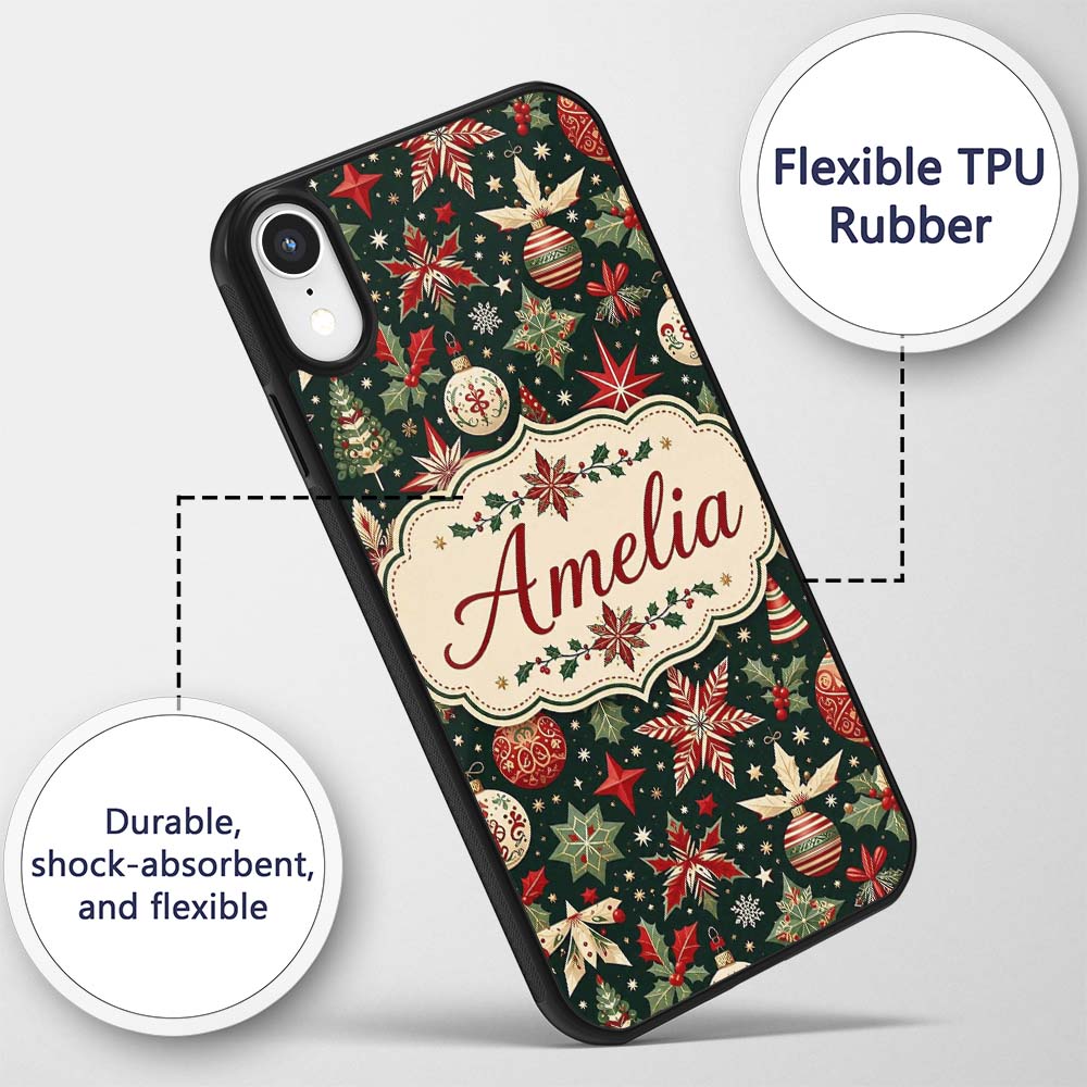 Festive Christmas Stars Holly Leaves Baubles Custom Name Protective Phone Case Mobile Cover Durable Everyday Smartphone Shock Resistant