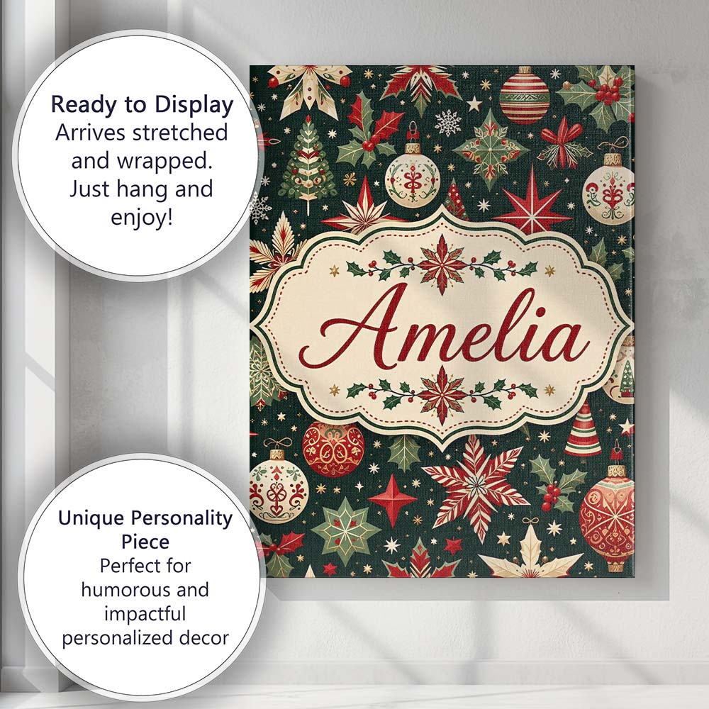 Personalised Name Festive Christmas Stars Custom  Unique Gift Idea Elegant Feature Canvas Wall Art Print Decor Picture Ready to Hang