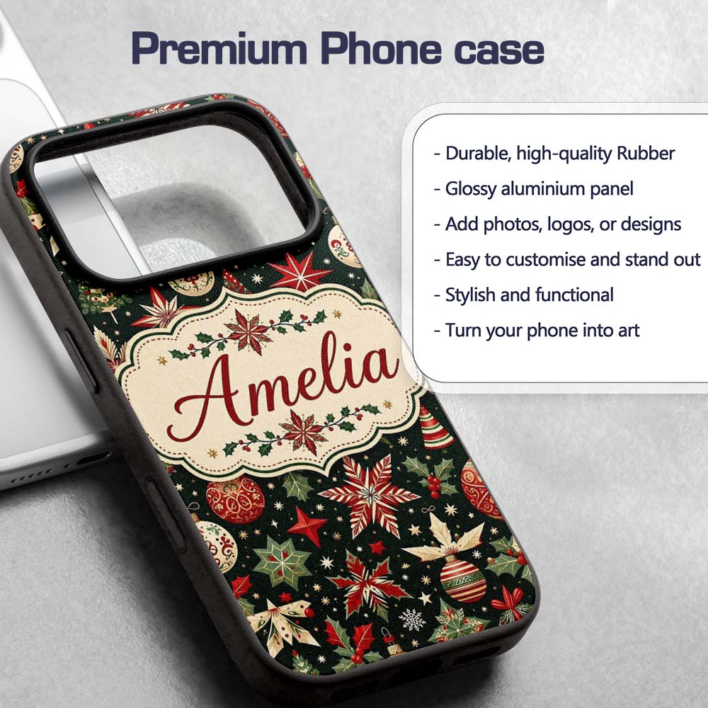 Festive Christmas Stars Holly Leaves Baubles Custom Name Protective Phone Case Mobile Cover Durable Everyday Smartphone Shock Resistant