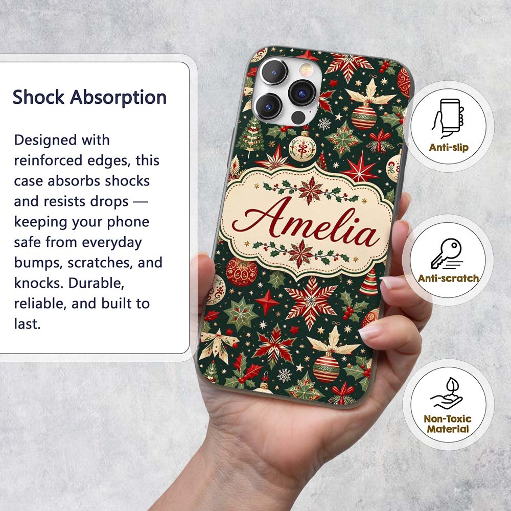 Festive Christmas Stars Holly Leaves Baubles Custom Name Protective Phone Case Mobile Cover Durable Everyday Smartphone Shock Resistant