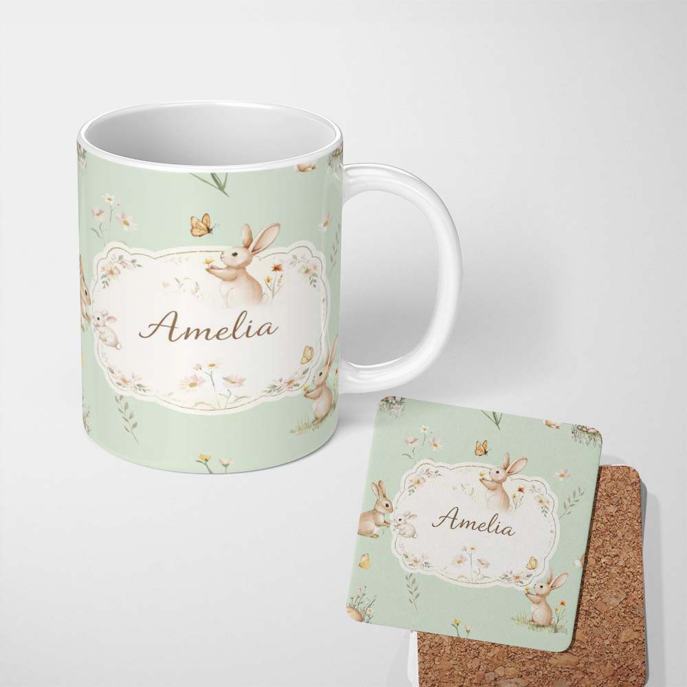 Personalized Custom Name Watercolor Bunny Floral Meadow Light Grey Seamless Pattern Lovely 11oz Ceramic Coffee Tea Mug White Large Handle