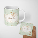 Personalized Custom Name Watercolor Bunny Floral Meadow Light Grey Seamless Pattern Lovely 11oz Ceramic Coffee Tea Mug White Large Handle
