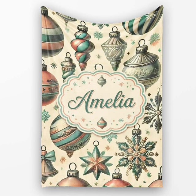 Vintage Glass Christmas Baubles Teal Gold Seamless Pattern Lovely  Personalised Custom Name Super Soft Fleece Blanket Bed Sofa Throw