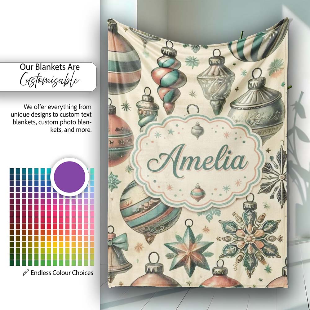 Vintage Glass Christmas Baubles Teal Gold Seamless Pattern Lovely  Personalised Custom Name Super Soft Fleece Blanket Bed Sofa Throw