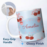 Personalized Custom Name Cherry Bow Ribbon Cute Decorative Cherry Seamless Pattern Lovely 11oz Ceramic Coffee Tea Mug White Large Handle