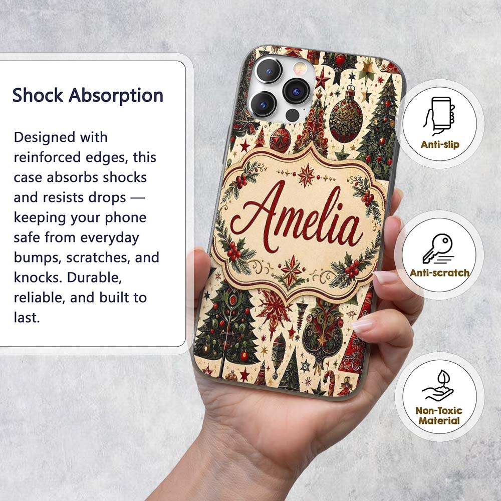 Ornate Christmas Trees Baubles Stars Vintage Custom Name Protective Phone Case Mobile Cover Durable Everyday Smartphone Shock Resistant