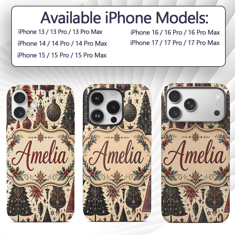 Ornate Christmas Trees Baubles Stars Vintage Custom Name Protective Phone Case Mobile Cover Durable Everyday Smartphone Shock Resistant