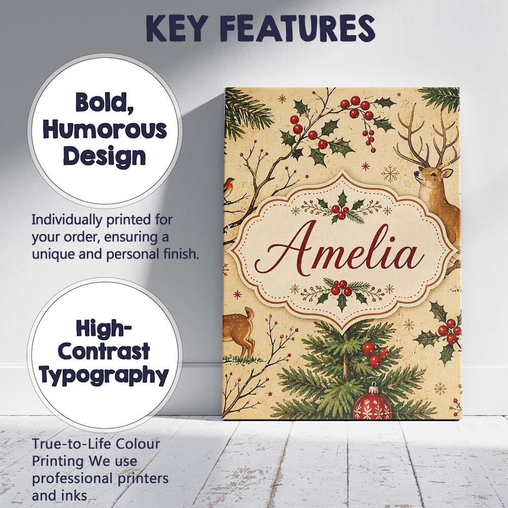 Personalised Name Winter Deer Forest Holly Custom  Unique Gift Idea Elegant Feature Canvas Wall Art Print Decor Picture Ready to Hang