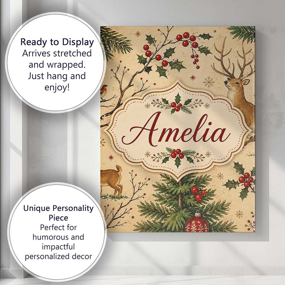 Personalised Name Winter Deer Forest Holly Custom  Unique Gift Idea Elegant Feature Canvas Wall Art Print Decor Picture Ready to Hang