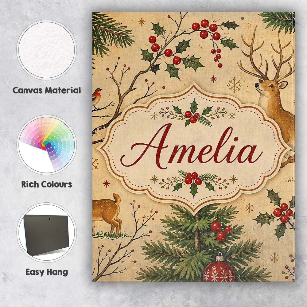 Personalised Name Winter Deer Forest Holly Custom  Unique Gift Idea Elegant Feature Canvas Wall Art Print Decor Picture Ready to Hang