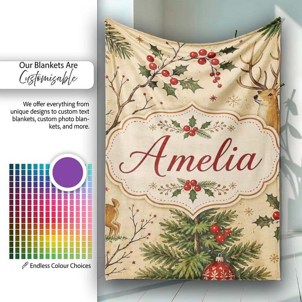 Winter Deer Forest Holly Berries Nature Seamless Pattern Lovely  Personalised Custom Name Super Soft Fleece Blanket Bed Sofa Throw