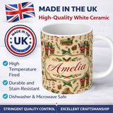 Personalized Custom Name Vintage Christmas Boots Candy Cane Gramophone Pinecone Seamless 11oz Ceramic Coffee Tea Mug White Large Handle