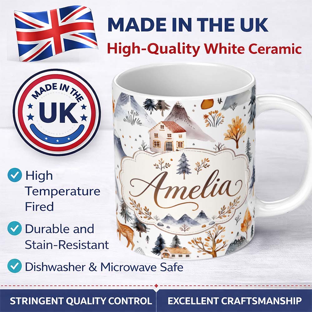 Personalized Custom Name Winter Mountain Cabin Forest Snow Landscape Seamless Pattern Lovely 11oz Ceramic Coffee Tea Mug White Large Handle