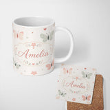 Personalized Custom Name Cute Pastel Butterflies and Hearts Minimal Seamless Pattern Lovely 11oz Ceramic Coffee Tea Mug White Large Handle