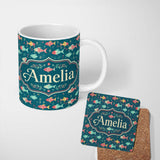 Personalized Custom Name Playful Multicolor Fish with Tiny Sea Plants Seamless Pattern Lovely 11oz Ceramic Coffee Tea Mug White Large Handle
