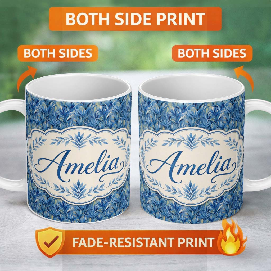 Personalized Custom Name Abstract Blue Tropical Leaf Painterly Seamless Pattern Lovely 11oz Ceramic Coffee Tea Mug White Large Handle