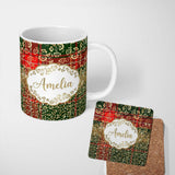 Personalized Custom Name Festive Plaid Gold Floral Glitter Christmas Seamless Pattern Lovely 11oz Ceramic Coffee Tea Mug White Large Handle