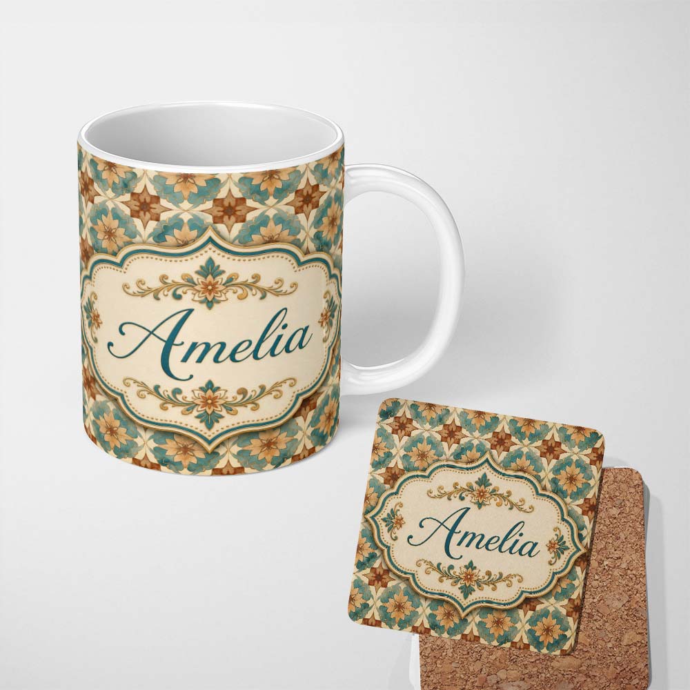 Personalized Custom Name Vintage Teal and Brown Floral Tile Pattern with Ornate Geometric 11oz Ceramic Coffee Tea Mug White Large Handle