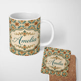 Personalized Custom Name Vintage Teal and Brown Floral Tile Pattern with Ornate Geometric 11oz Ceramic Coffee Tea Mug White Large Handle