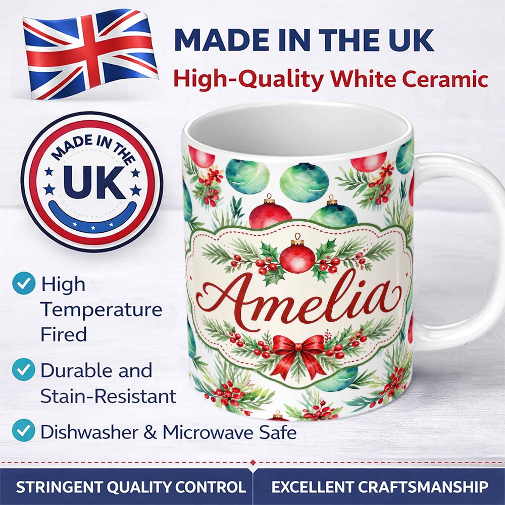 Personalized Custom Name Watercolor Christmas Baubles Holly Leaves Festive Seamless Pattern 11oz Ceramic Coffee Tea Mug White Large Handle