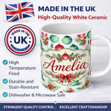 Personalized Custom Name Watercolor Christmas Baubles Holly Leaves Festive Seamless Pattern 11oz Ceramic Coffee Tea Mug White Large Handle