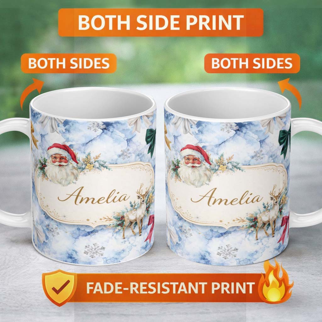 Personalized Custom Name Christmas Santa Reindeer Snowflake Bow Festive Seamless Pattern 11oz Ceramic Coffee Tea Mug White Large Handle