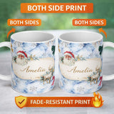 Personalized Custom Name Christmas Santa Reindeer Snowflake Bow Festive Seamless Pattern 11oz Ceramic Coffee Tea Mug White Large Handle