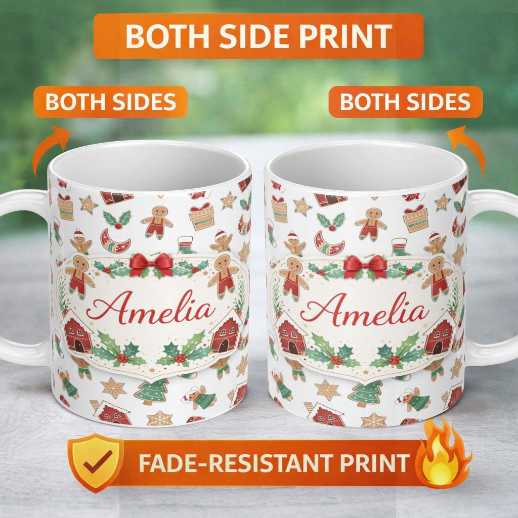 Personalized Custom Name Gingerbread Christmas Cookie Pattern Cute Holiday Seamless Design 11oz Ceramic Coffee Tea Mug White Large Handle