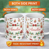 Personalized Custom Name Gingerbread Christmas Cookie Pattern Cute Holiday Seamless Design 11oz Ceramic Coffee Tea Mug White Large Handle