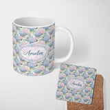Personalized Custom Name Pastel Blue and Pink Hydrangea Floral Seamless Pattern Lovely 11oz Ceramic Coffee Tea Mug White Large Handle