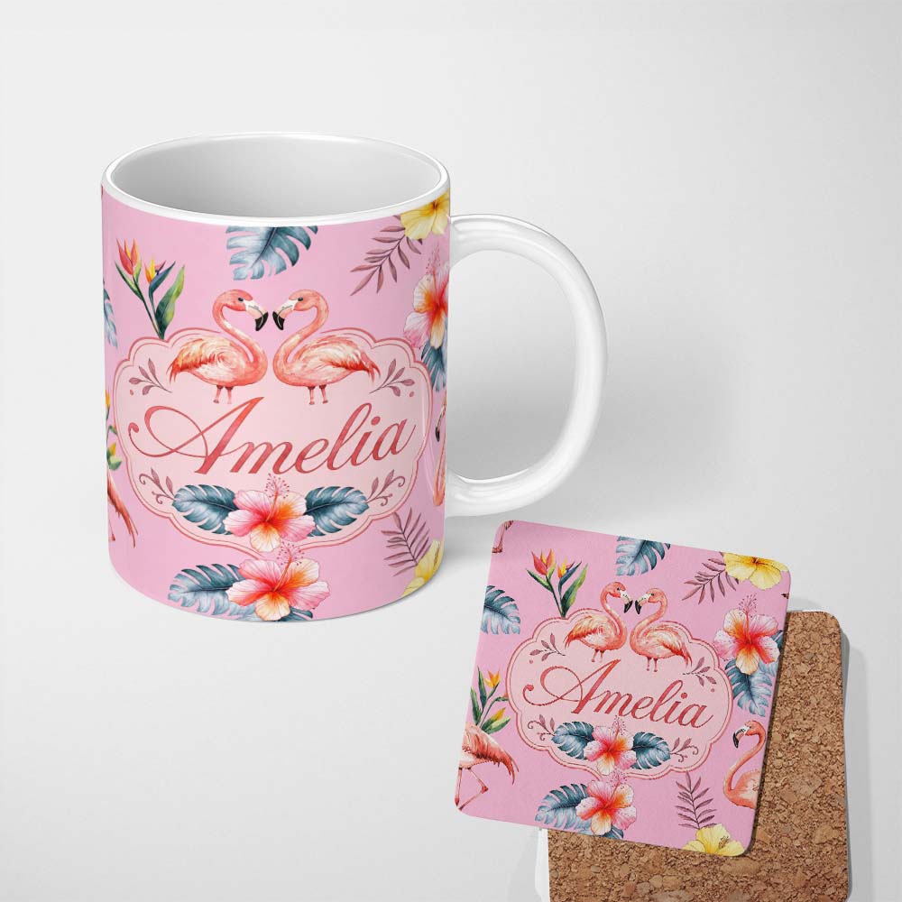Personalized Custom Name Elegant Pink Flamingos Tropical Flowers on Blush Pink Background 11oz Ceramic Coffee Tea Mug White Large Handle