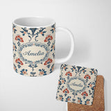 Personalized Custom Name Traditional Blue Red Floral Folk Art Seamless Pattern Lovely 11oz Ceramic Coffee Tea Mug White Large Handle