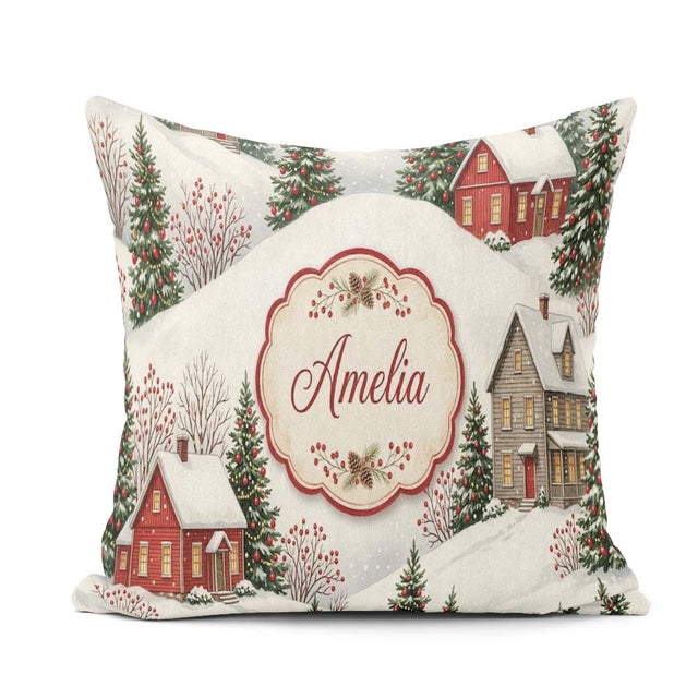 Custom Name Snowy Christmas Village Houses Winter Scene Seamless Square Filled Cushion Throw Pillow Sofa Bed Home Decor Zip Washable UK Made