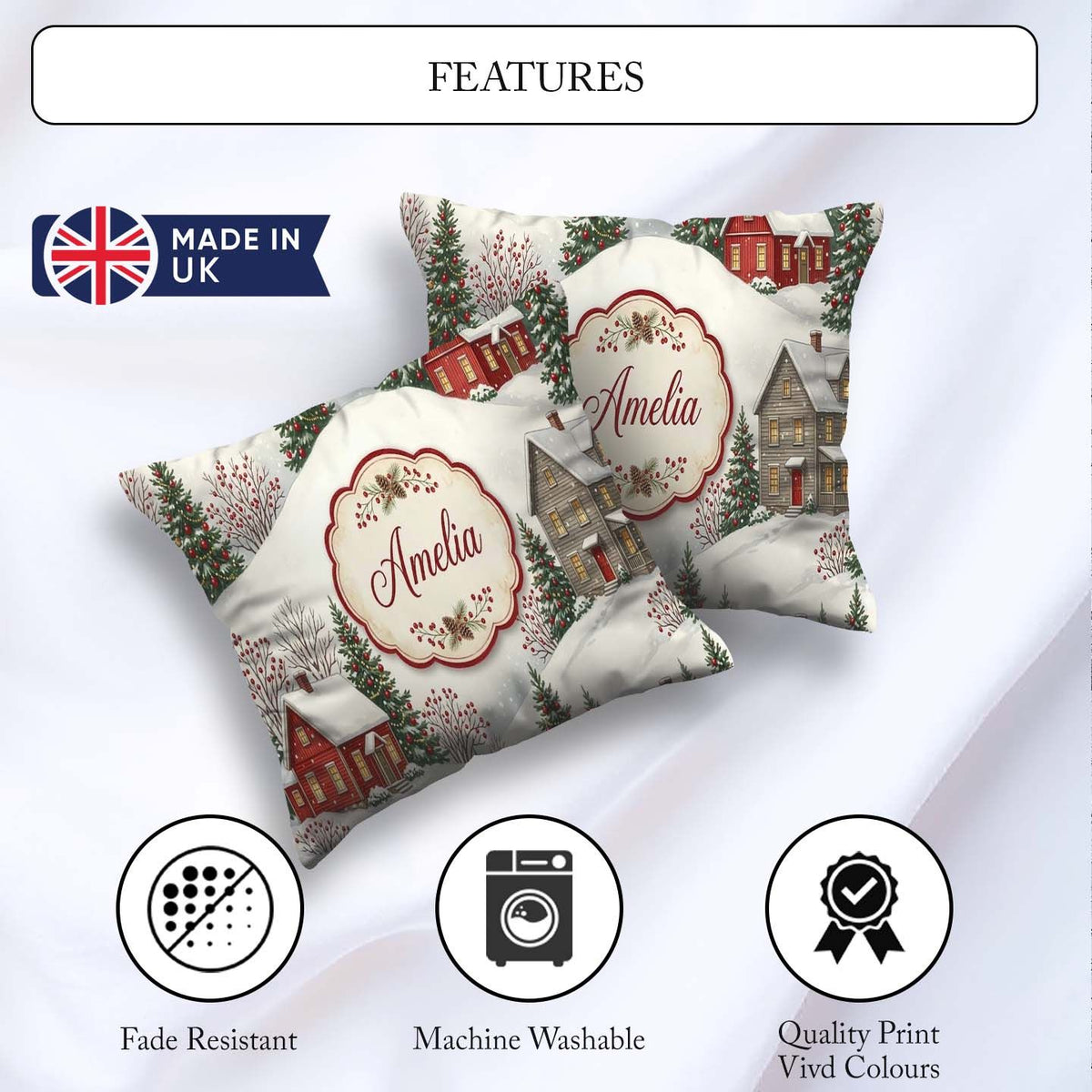 Custom Name Snowy Christmas Village Houses Winter Scene Seamless Square Filled Cushion Throw Pillow Sofa Bed Home Decor Zip Washable UK Made