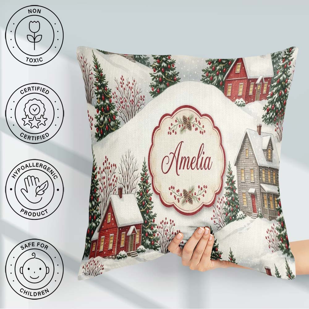 Custom Name Snowy Christmas Village Houses Winter Scene Seamless Square Filled Cushion Throw Pillow Sofa Bed Home Decor Zip Washable UK Made
