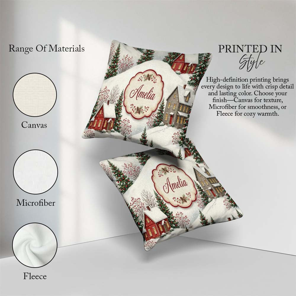 Custom Name Snowy Christmas Village Houses Winter Scene Seamless Square Filled Cushion Throw Pillow Sofa Bed Home Decor Zip Washable UK Made
