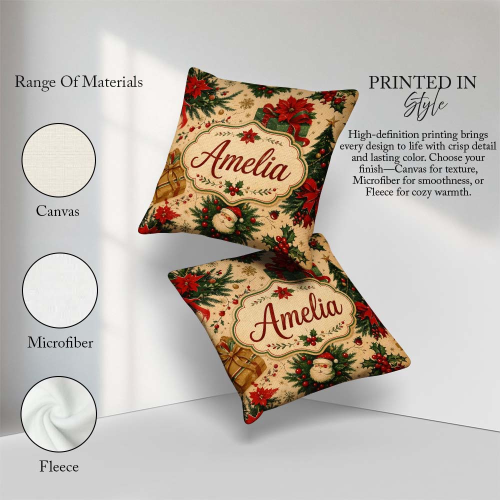 Custom Name Christmas Boxes Pine Branch Holiday Seamless Pattern Square Filled Cushion Throw Pillow Sofa Bed Home Decor Zip Washable UK Made