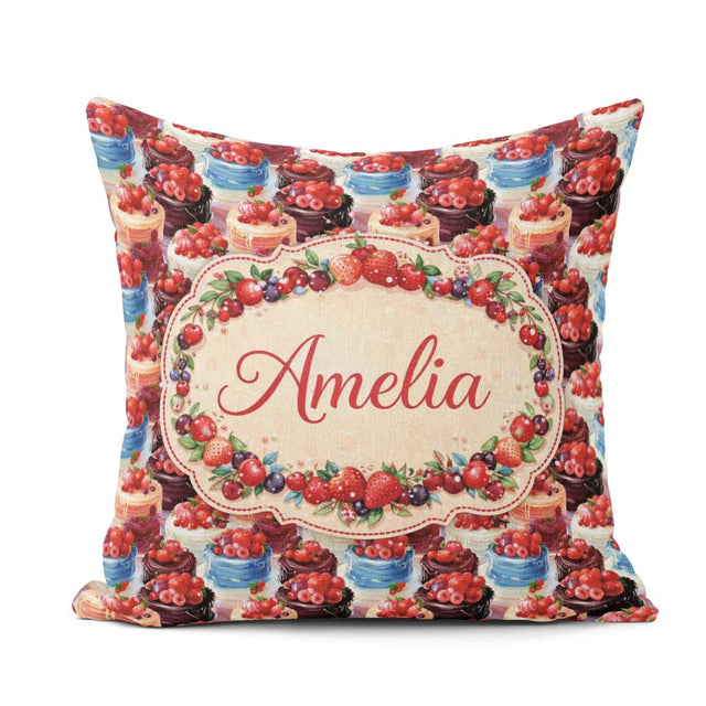 Custom Name Strawberry Cream Cake Seamless Pattern Dessert Sweet Square Filled Cushion Throw Pillow Sofa Bed Home Decor Zip Washable UK Made