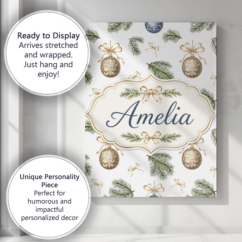 Personalised Name Elegant Gold Blue Baubles Custom  Bespoke Interior Contemporary Canvas Wall Art Print Decor Picture Ready to Hang