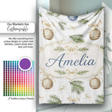 Elegant Gold Blue Baubles Pine Branch Seamless Pattern Lovely  Personalised Custom Name Super Soft Fleece Blanket Bed Sofa Throw