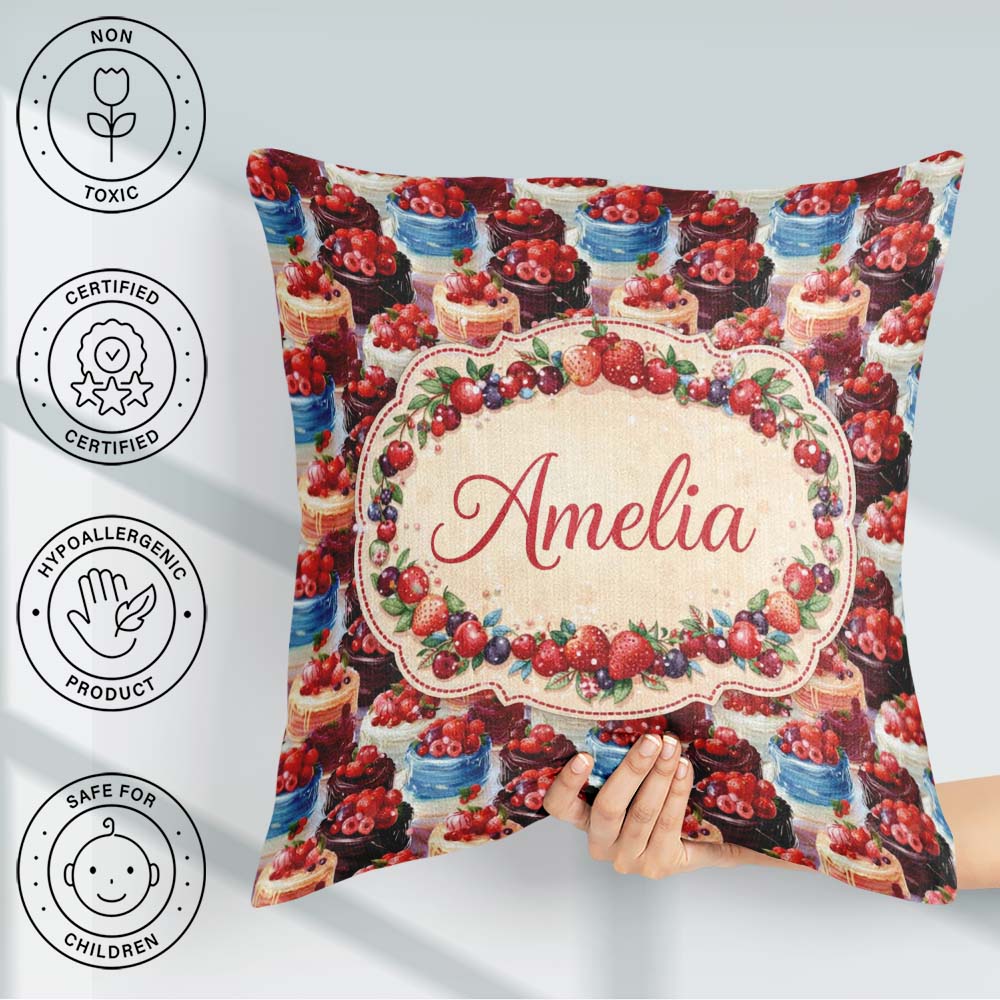 Custom Name Strawberry Cream Cake Seamless Pattern Dessert Sweet Square Filled Cushion Throw Pillow Sofa Bed Home Decor Zip Washable UK Made